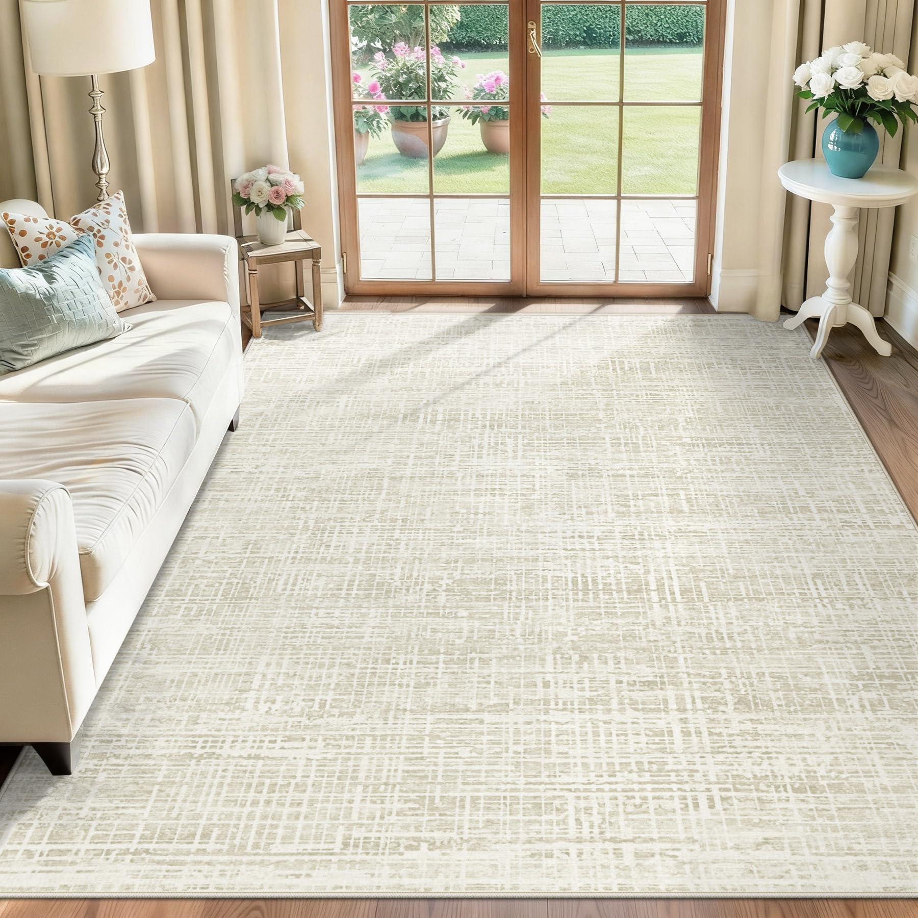 5x7 Area Rugs for Living Room, Washable Large Area Rug Neutral Modern Abstract Bedroom Rug Soft Non Slip Low Pile Stain Resistant Indoor Carpet for Nursery Kids Dining Room Office(Beige, 5'x7')