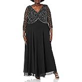 J Kara Women's Plus Size 3/4 Sleeve V-Neck Beaded Top Long Gown