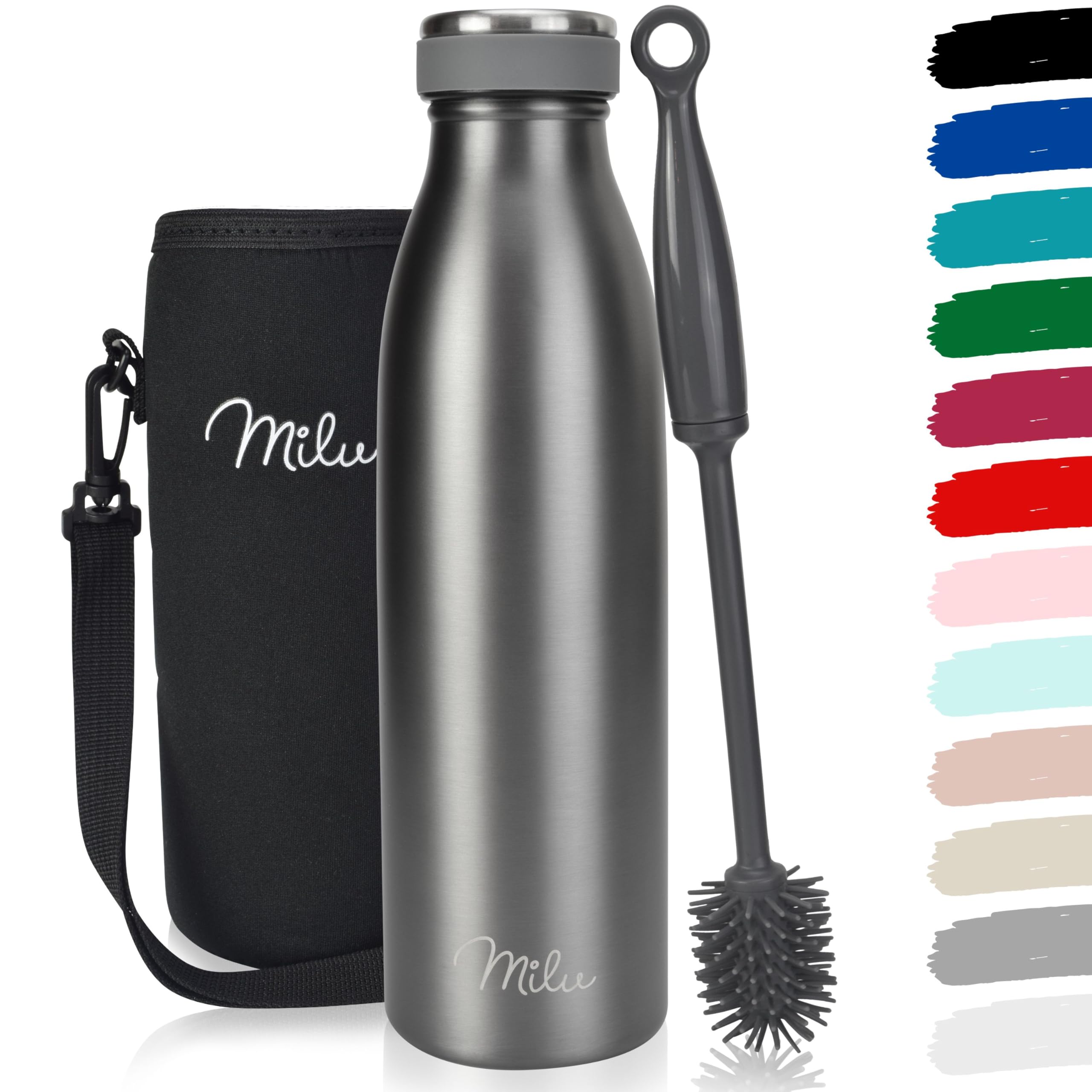 Milu Stainless Steel Drinking Bottle 500 ml - Insulated Thermo Flask for Water - Leak Proof, Insulated and Double Walled, Carbonated (Grey, 500ml)