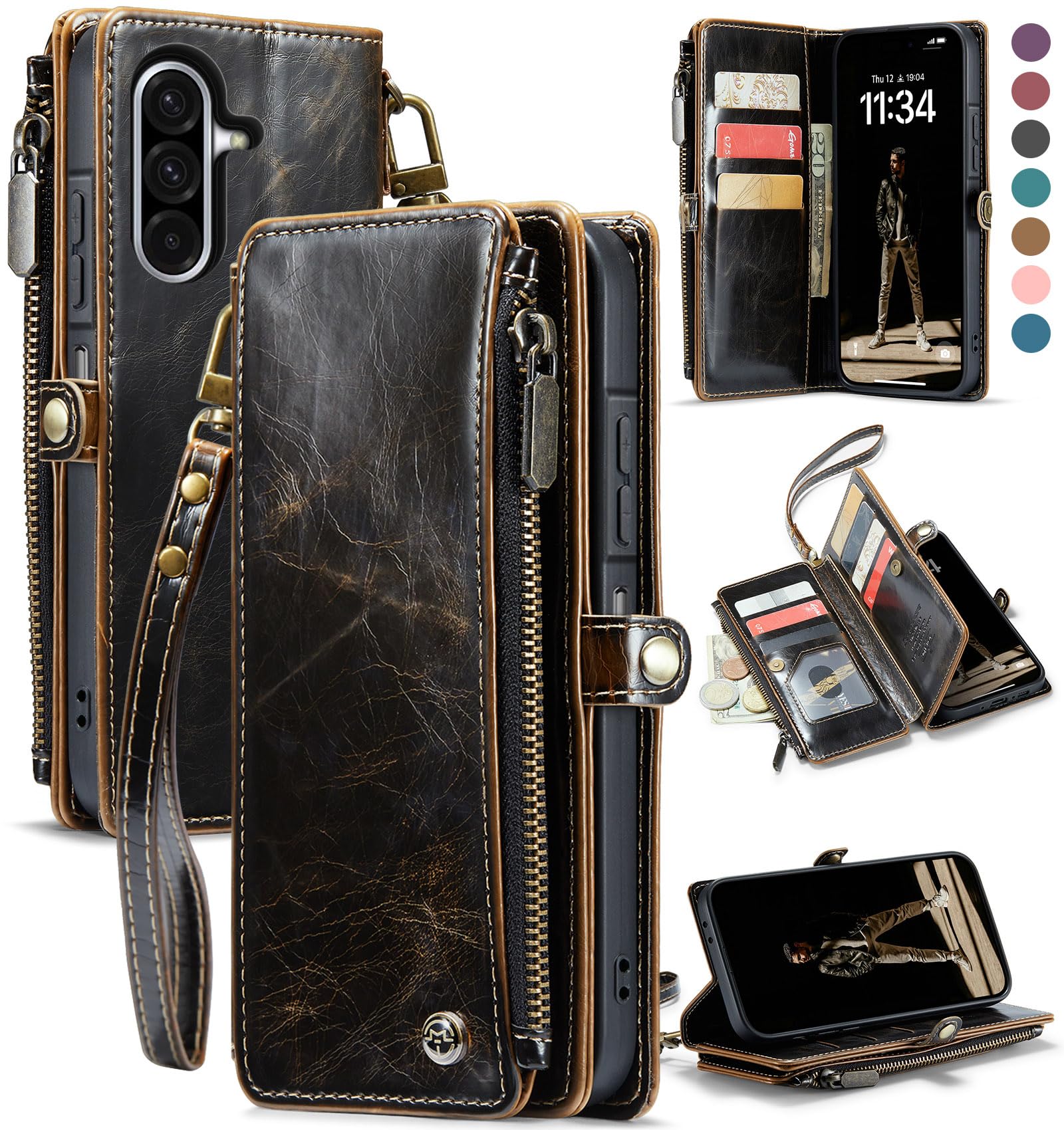 Photo 1 of Defencase for Galaxy A36 5G Case Wallet with RFID Blocking Card Holder for Women Men, Fashion PU Leather Magnetic Snap Flip Zipper Wrist Strap Wallet Phone Case for Samsung Galaxy A36 5G, Coffee