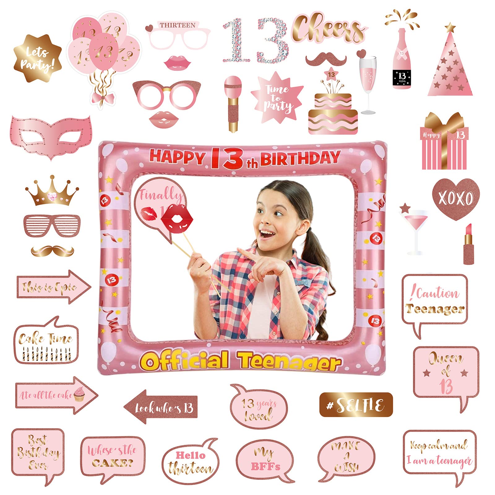 13th Birthday Decorations Girls Boys,Rose Gold Inflatable Selfie Frame&38Pcs 13th Birthday Photo Booth Props,Giant Inflatable Party Photo Booth Frame for Girls Ladies 13thBirthday Party Decorations