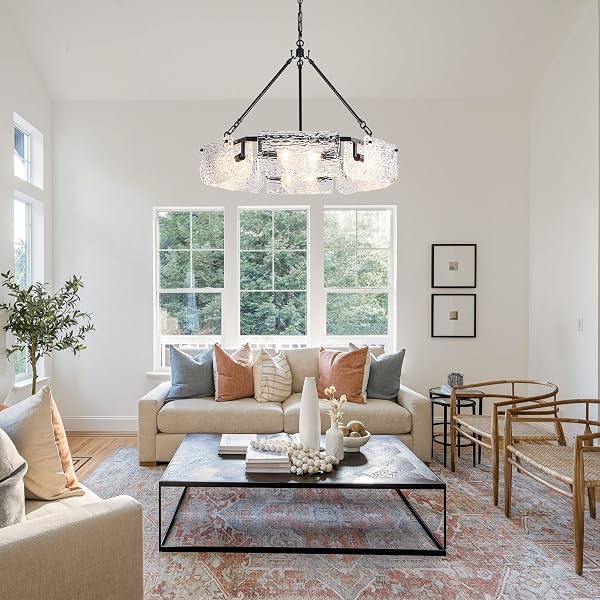 DWLGIGH 11.0″ BLACK GLASS CHANDELIER CEILING LIGHT FIXTURE,3-LIGHT ADJUSTABLE PENDANT LIGHTS WITH CLEAR GLASS SHADE MODERN DRUM CHANDELIERS FOR DINING ROOM OVER TABLE KITCHEN LSLAND HALLWAY FOYER,E12