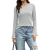 COCCKO Womens Sweaters Casual Crewneck Long Bell Sleeve Ribbed Knit Lightweight Pullover Sweater Tops