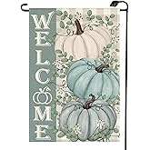 Welcome Fall Pumpkins Garden Flag 12x18 Inch Double Sided Thanksgiving Autumn Harvest Eucalyptus Blue Small Flags Outdoor Decoration for Yard QJ51