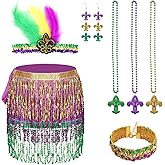 Avxdbr 7Pcs Mardi Gras Costume Accessory Set Tassel Sequins Wrap Skirt Faux Feather Headband 3 Beads Necklace Earrings Bracelet Mardi Gras Outfit for Women