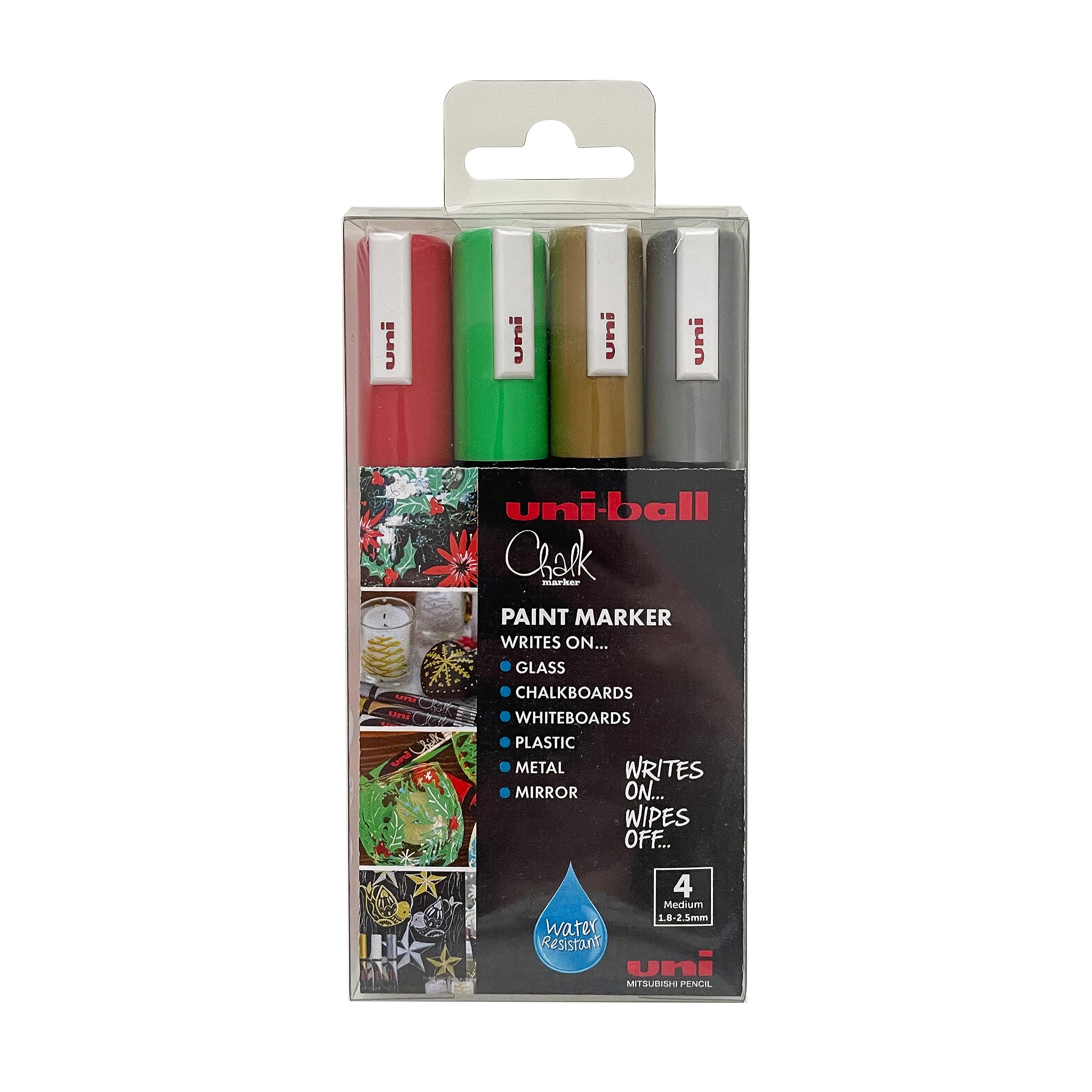 uni-ball PWE-5M Liquid Chalk Pens. Multi-Purpose Wipeable Coloured Markers for Blackboards, Chalkboards, Whiteboards, Glass, Mirrors, Plastic, Windows, Metal. Christmas Tones. Bullet Tip 5mm. 4 Pack