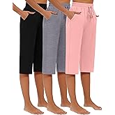 Riyiper 3 Pack Women Capri Pants, Causal Drawstring Lounge Yoga Capri Sweatpants Loose Wide Leg Crop Jogger Pant with Pockets