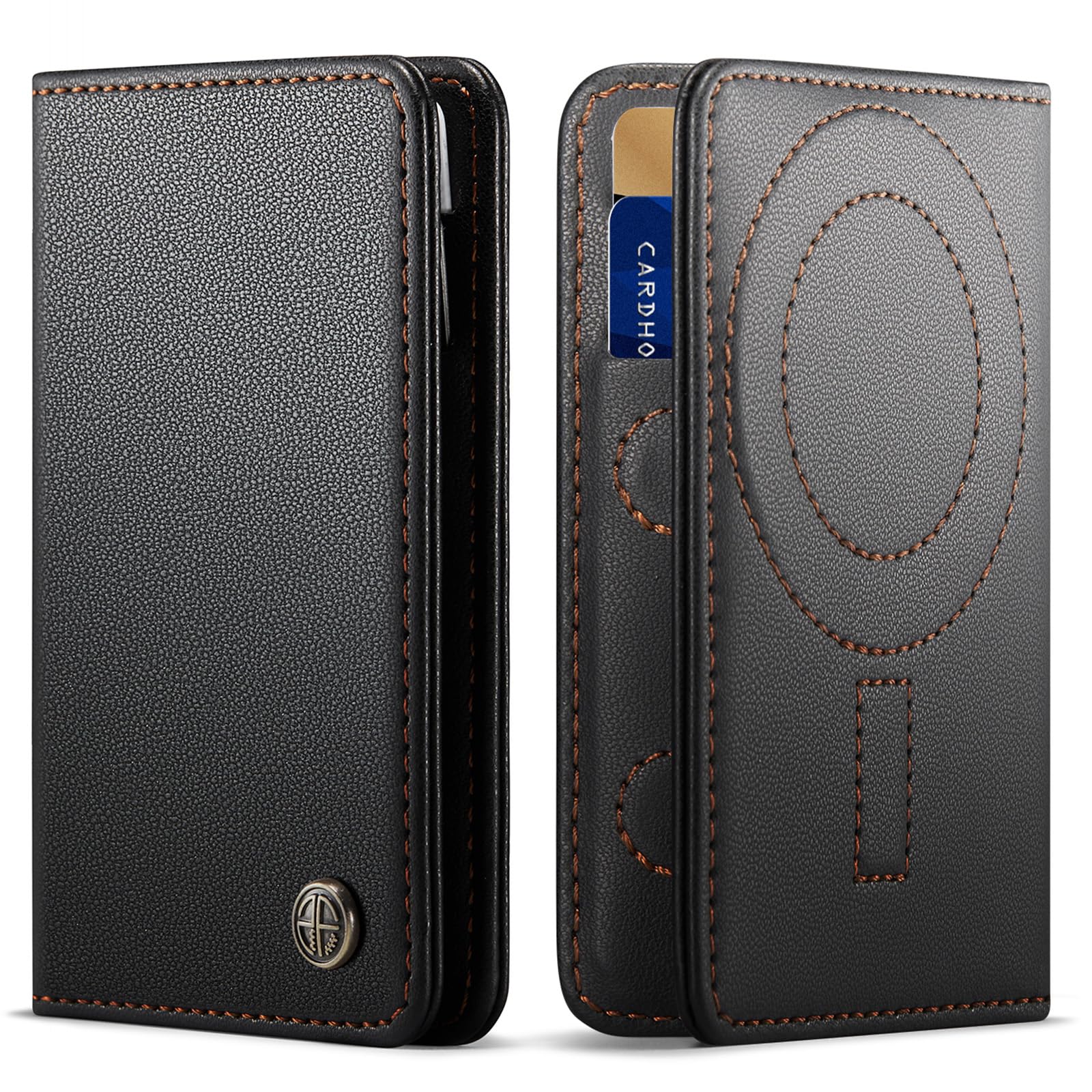 ZipFoldy Slim PU Leather RFID Magnetic Wallet for Men and Women, Minimalist Magnet Card Holder Phone Wallet Compatible with Magsafe for Apple iPhone 17 16 15 14 13 12 Series, Fashion Black