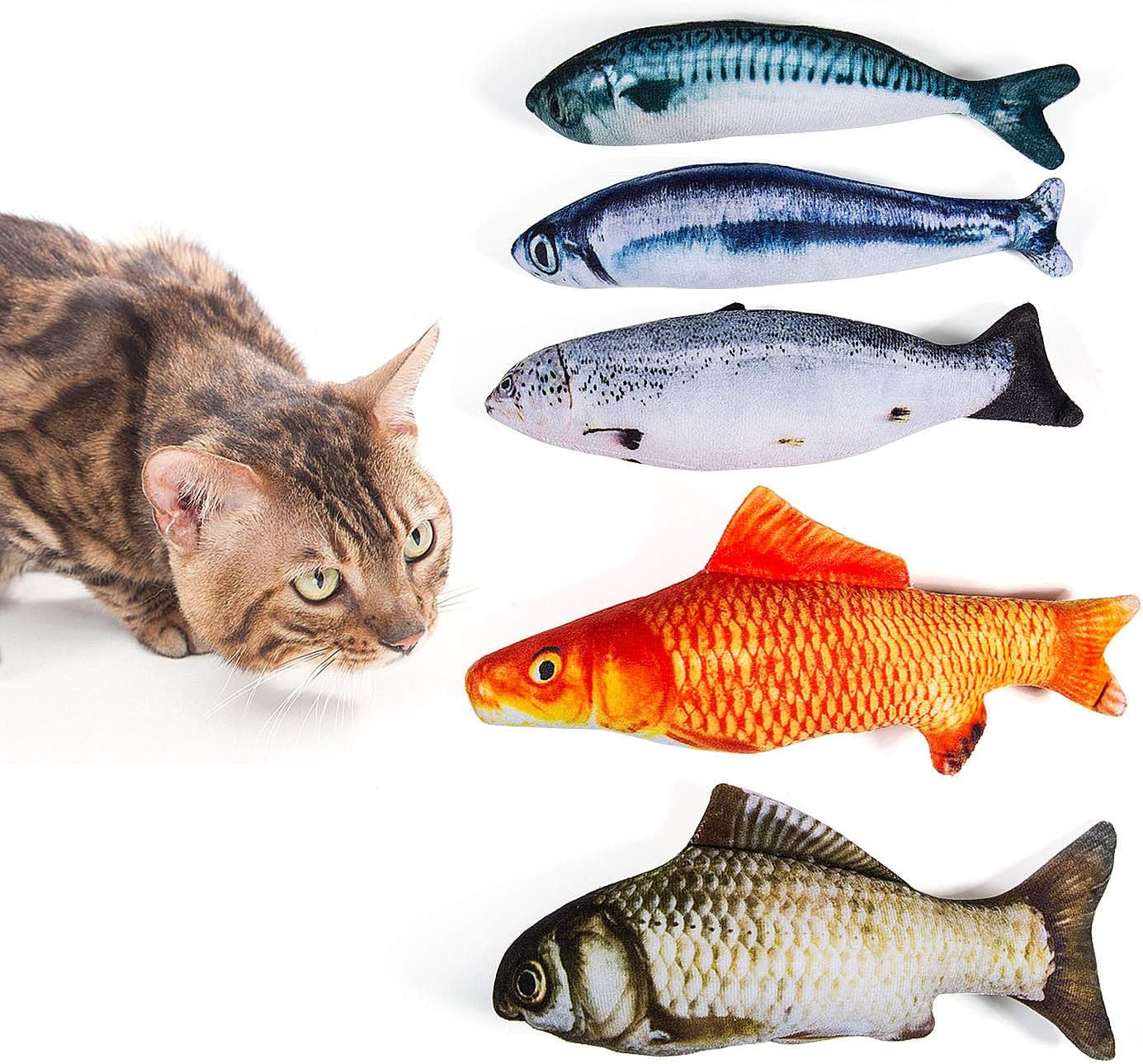 WolinTek 5PCS Catnip Fish Toys for Cat, Catnip Toys Set Simulation Fish Shape Doll Interactive Pets Pillow Chew Bite Supplies for Cat/Kitty/Kitten