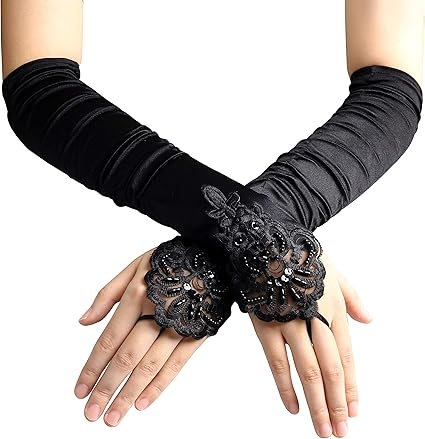 Nuosen 1920s Accessories Long Black Fingerless Gloves Lace