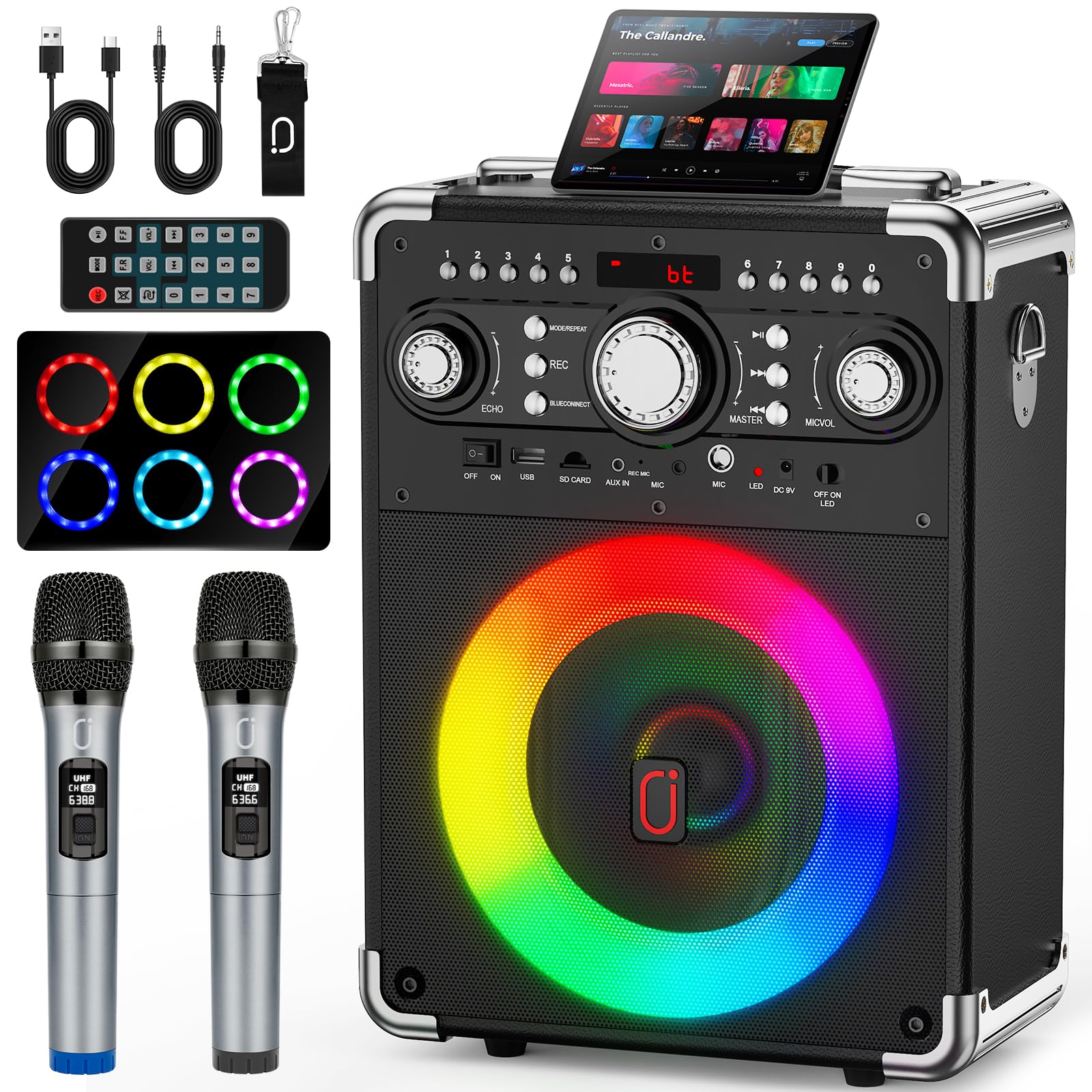 Photo 1 of HWWR Karaoke Machine with 2 Wireless Microphones for Adults, Portable Bluetooth Party Speaker with Echo Adjustment, Singing Machine Support TWS/USB/TF Card/Guitar/TV Connected for Outdoor/Events etc