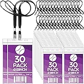 Patelai 30 Pcs Extra Large 4 x 8 Inch Badge Holders with Lanyard Bulk PVC Waterproof Card Holder Credential ID Protector Sleeves 3 Lanyard Slots at Top for Office Sporting Events Concert (Black)