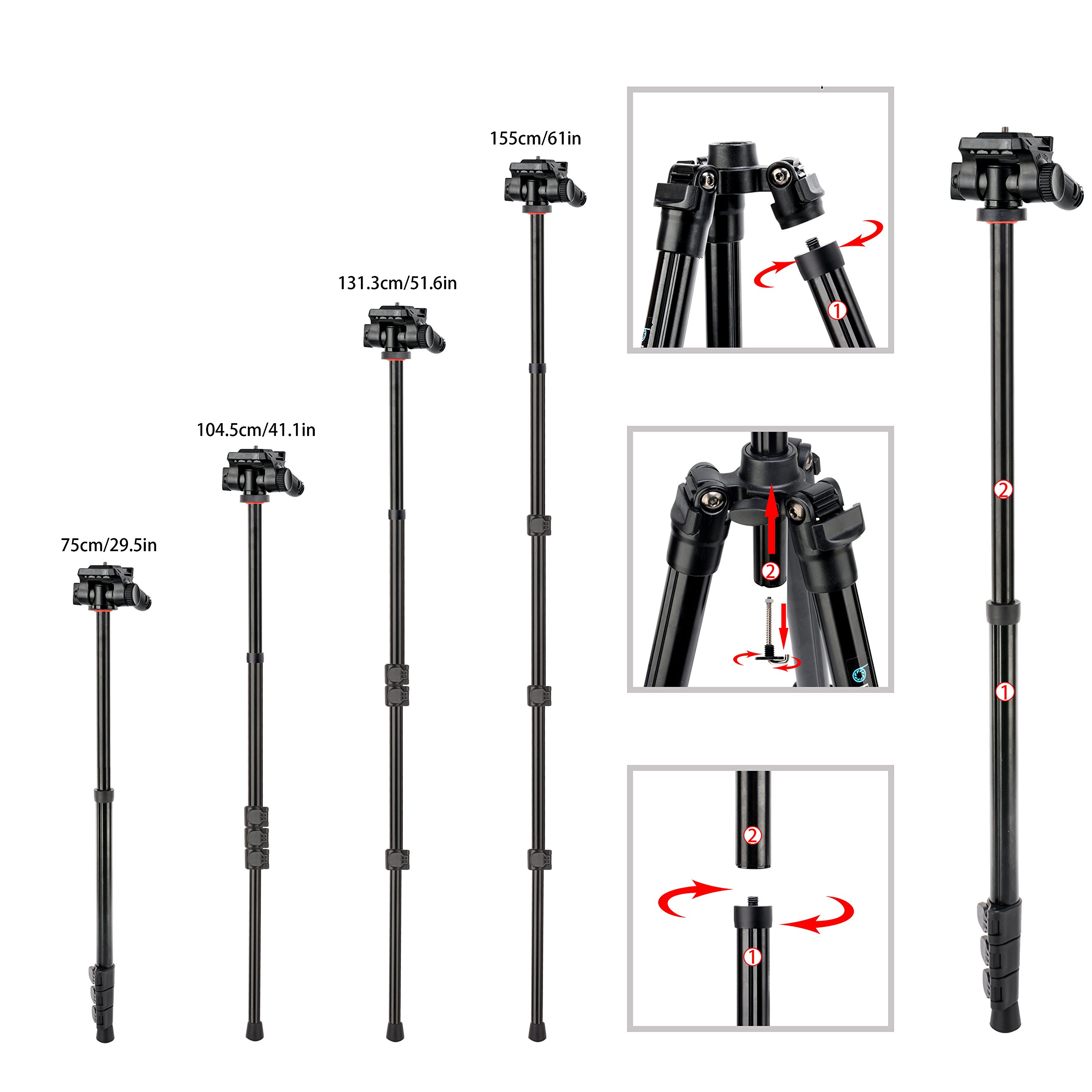 BONFOTO B73A 58inch Portable Heavy Duty Lightweight Aluminum Camera Video Tripod with 1/4\