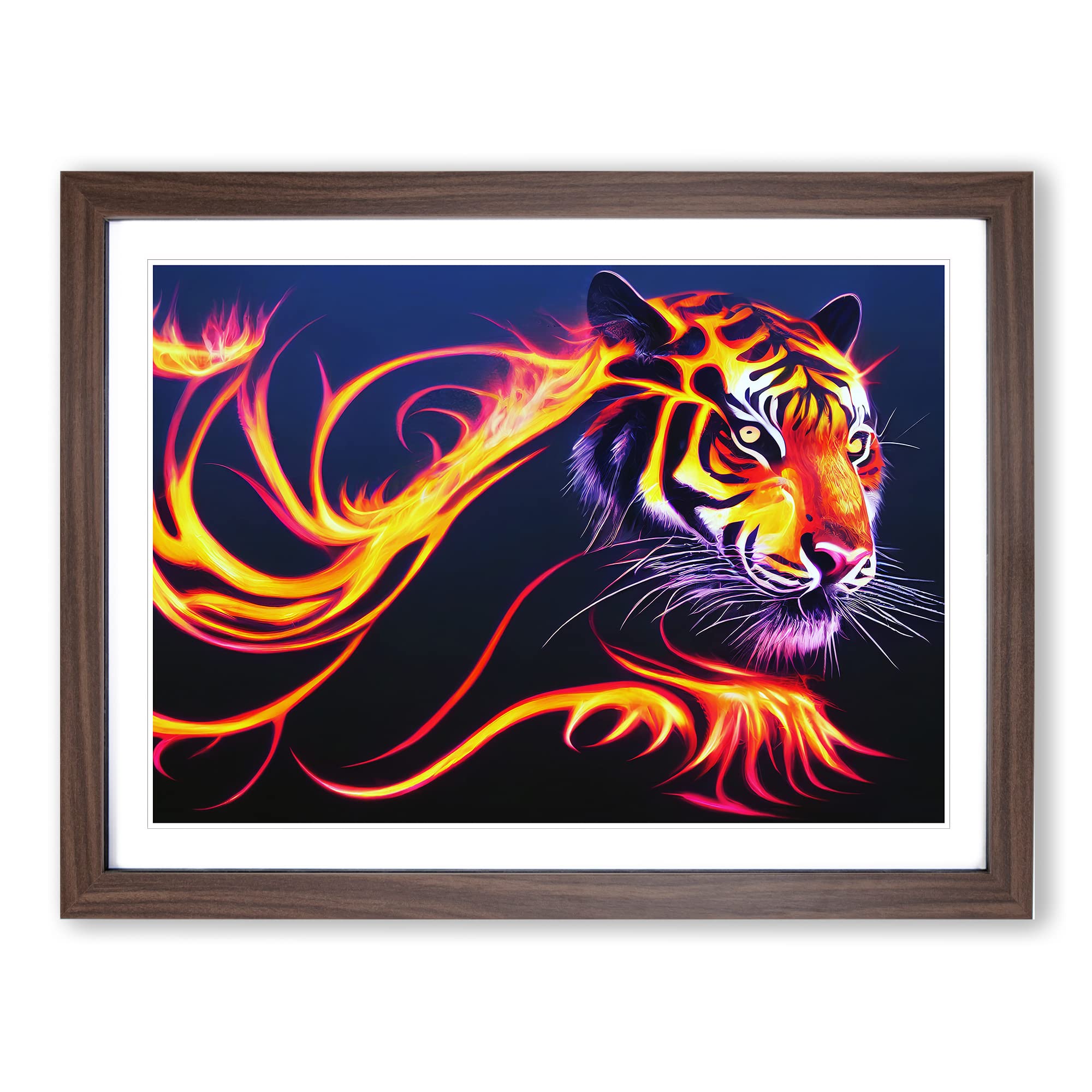 Tiger In Flames Abstract Framed Print | A4 Walnut Framed Wall Art | Ready to Hang | Abstract Animal Picture | Living Room Bedroom Lounge Office