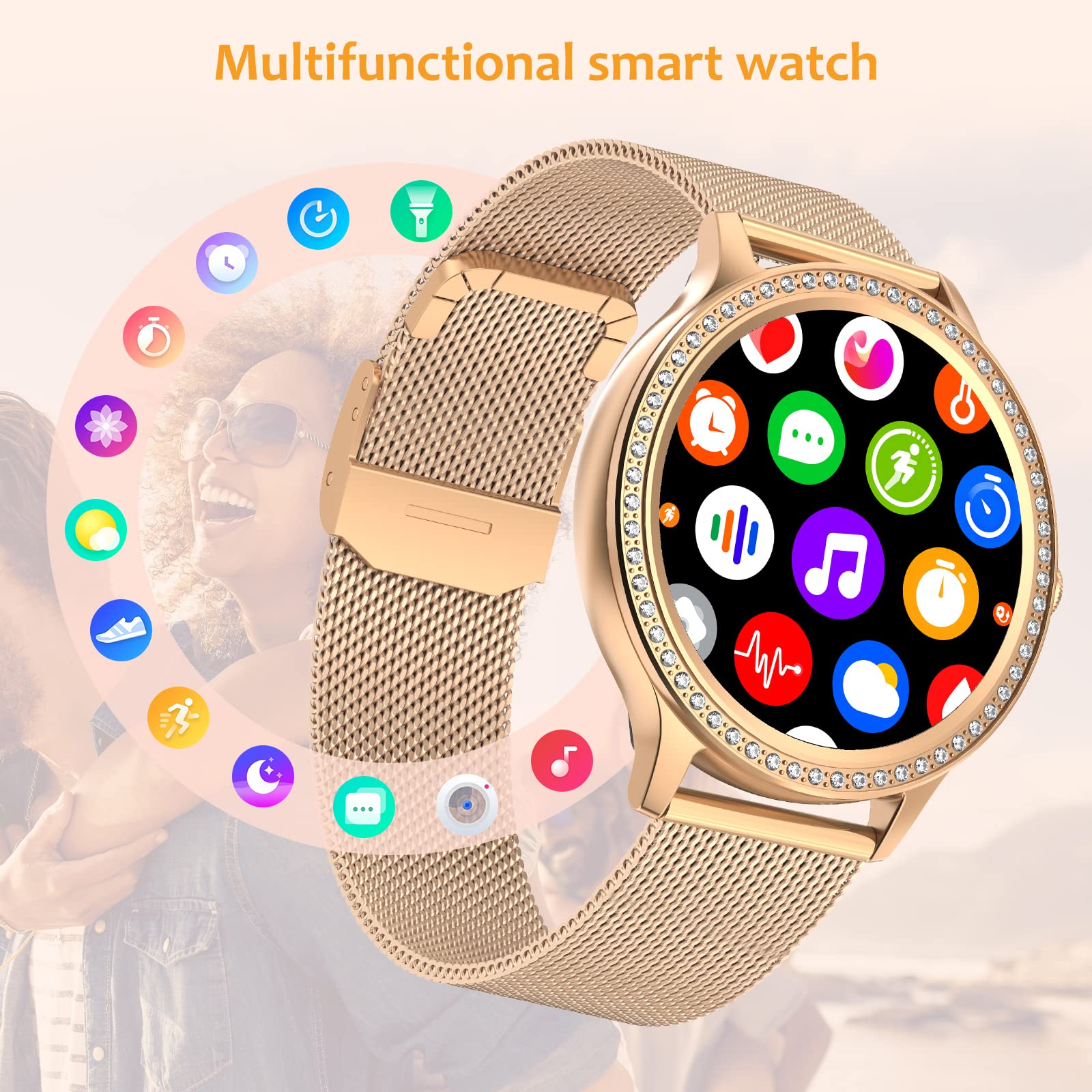 Women's Smartwatch with Phone Function, Smart Watch with Diamond Bracelet, Voice Assistant Fitness Tracker with SpO2 Activity Tracker, Pedometer Watch, Women's Sports Watch for Android iOS
