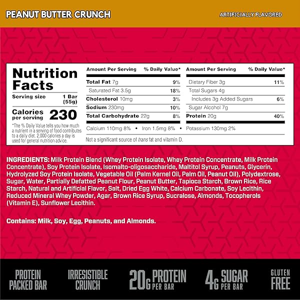 BSN PROTEIN CRISP BAR, PEANUT BUTTER CRUNCH, 20 GRAM PROTEIN SNACK BARS WITH WHEY AND FIBER, GLUTEN-FREE CRUNCHY ENERGY BARS FOR WORKOUT, FITNESS, ON-THE-GO, 12 COUNT