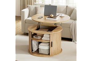 FABATO Round Lift Top Coffee Table, Fluted Wood Accent Coffee Table with Hidden Storage and Open Shelves, Drum Table with Sli