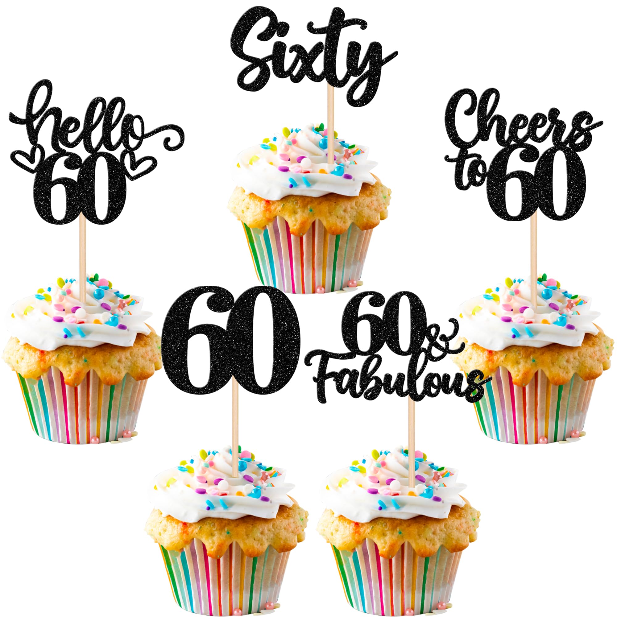 30 PCS Happy 60th Birthday Cupcake Toppers Glitter Sixty Hello 60 Cheers to 60 Years Cupcake Picks 60 & Fabulous Cake Decorations for 60th Birthday Anniversary Party Supplies Black