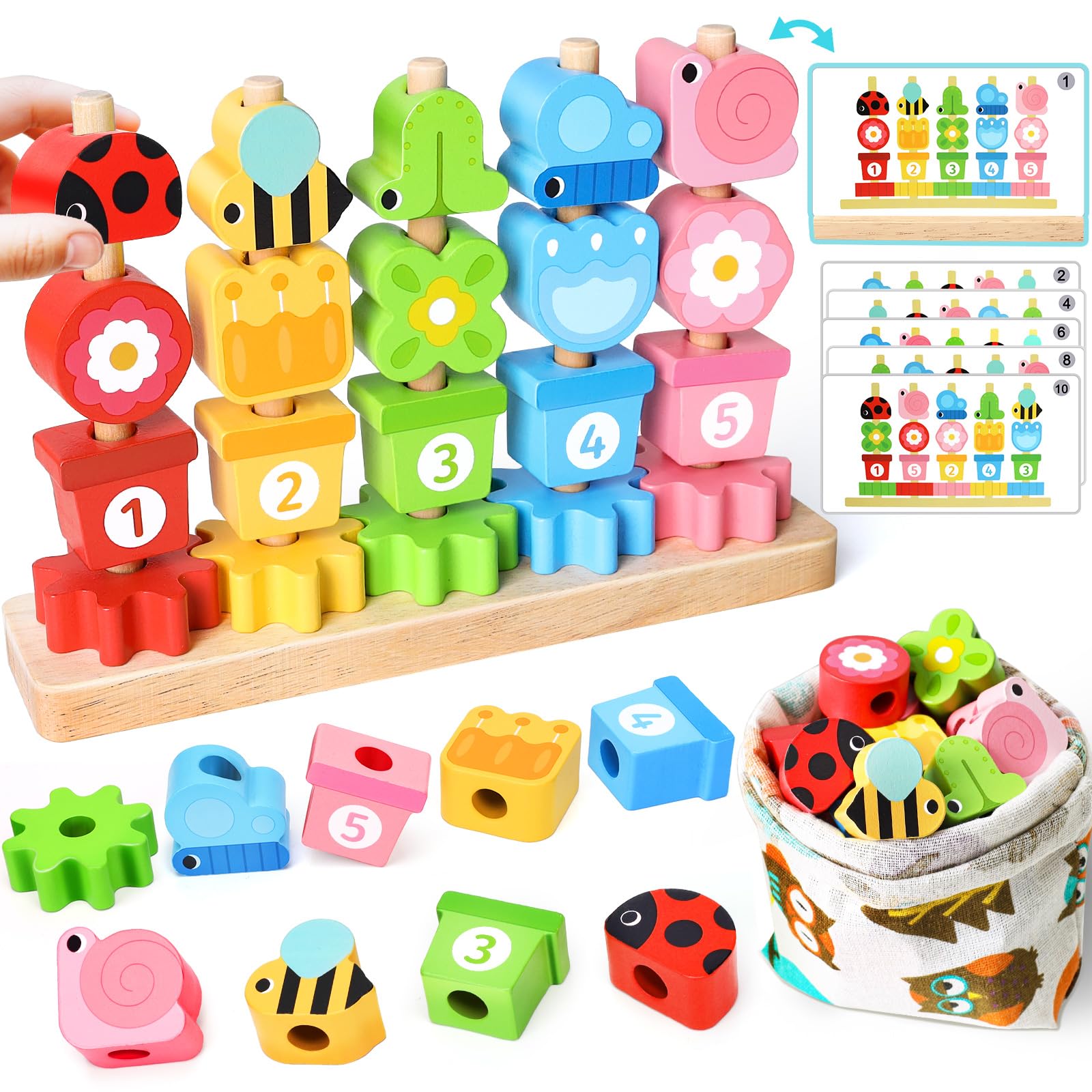 Montessori Wooden Toddler Toys Gifts: Fine Motor Skills Toy for 2 3 4 Year Old Girls Boys - Sorting Stacking Blocks Educational Wooden Beads Sequence Set - Toddlers Games for 2-5 Year Old Girl Toys — image 1