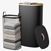 LUOFNI Laundry Hamper with Lid, 90L Large Tall Laundry Basket with Removable Laundry Bag, Collapsible Dirty Clothes Hamper for Bedroom, Bathroom and Laundry Room, Black
