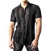 JOGAL Mens Floral Lace Shirt See Through Casual Button Down Shirts