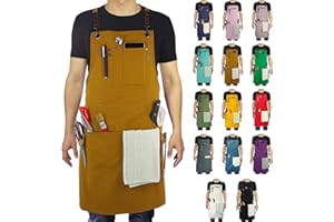 Stenffy - Work Apron,Cotton Canvas,Multiple Pockets,Gardening,BBQ,Cafe,Kitchen,Painting,Carpenter,Artist Apron,Apron for Men,Women,Sizes M to XXL,Khaki.