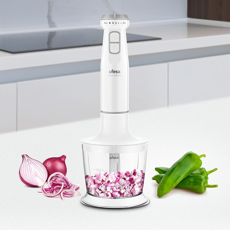 Batidora de Mano Venus Max 1200W con Función Turbo, 4 Cuchillas Inox, Velocidad Variable, Diseño Antisalpicaduras, Set 3 en 1 con Picadora, Batidor y Vaso Medidor