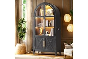 Topcomfy 75”H Arched Storage Cabinet with Glass Doors, Modern Display Cabinet with 3 Color Light, Glass Display Case with Human Body Sensor, 5 Tier Kitchen Pantry Cupboard for Living Room, Black