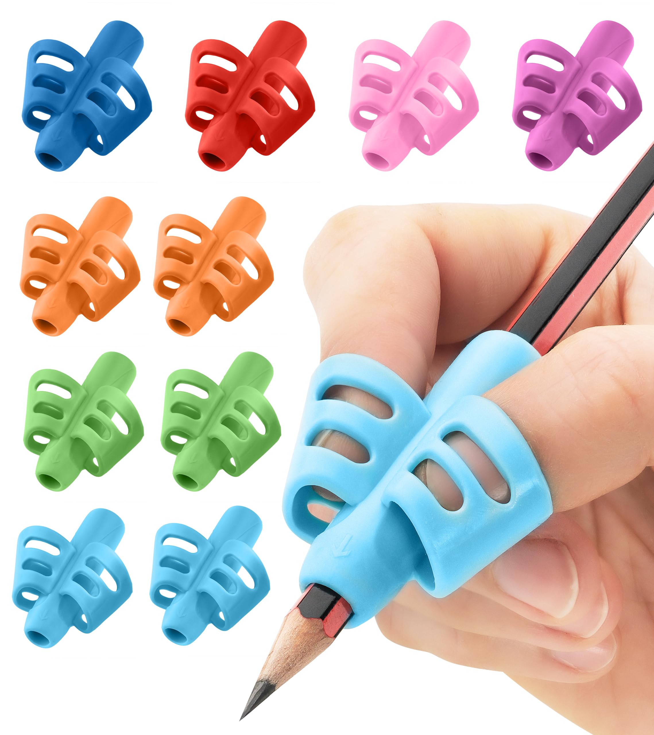 Stylo 10 Pack Pencil Grips for Children Handwriting, Pencil Grip Multi-Color Designs, Assorted - For Left and Right Handed Children - Comfortable Writing Aid for Improving Handwriting (Multicolored)
