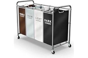 ROMOON Laundry Hamper Sorter Cart: 4-Section Organizer with Heavy-Duty Lockable Wheels and Removable Bags | 172L Rolling Laundry Basket for Dirty Clothes in Laundry Room or Small Spaces (Multicolor)