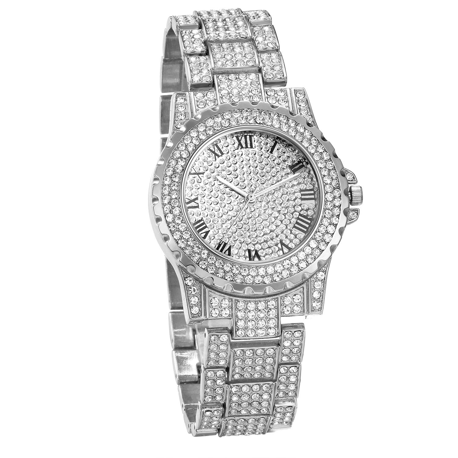 JewelryWe Men Women Watches Stylish Rhinestone Round Quartz Watch Silver Tone Stainless Steel Wristwatch for Fathers Day
