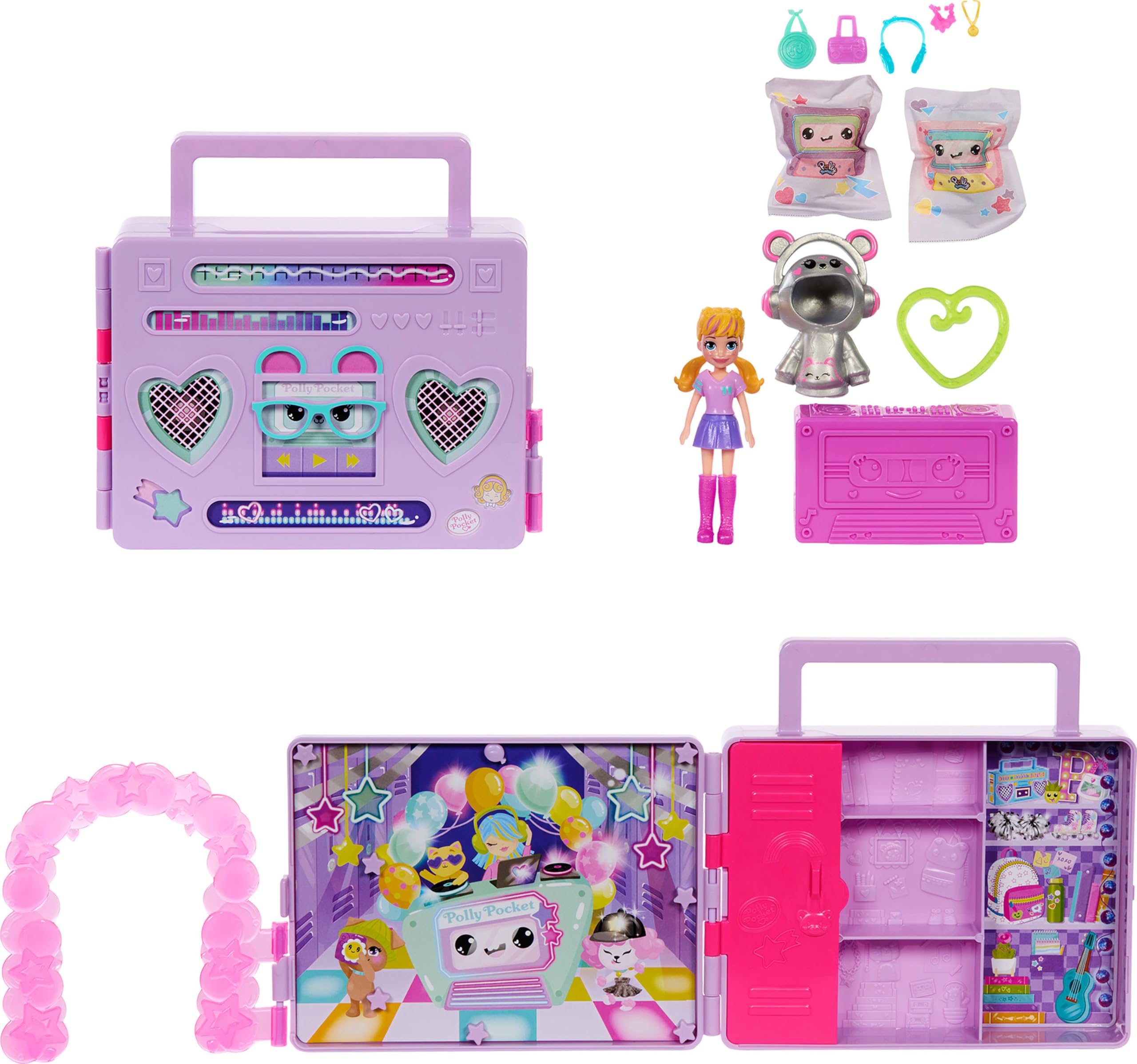 Polly Pocket Doll & Playset, Disco Dance Fashion Reveal Unboxing Travel Toy with 3-inch Hoodie Buddy Doll, 16 Accessories & Surprise Water Play, HRD65