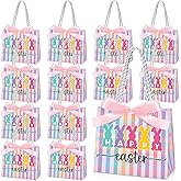 Sweetude 50 Pcs Happy Easter Gift Bags Bulk with Handles and Bow Ribbon Small Bunny Paper Treat Goodie Bags for Easter Basket Stuffers Theme Party Favors Supplies, 5.51 x 2.36 x 4.72 Inches