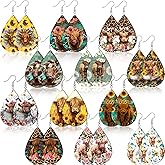 Nosiny 12 Pairs Western Highland Cow Wood Earrings Set for Women Floral Teardrop Ear Dangler Western Highland Cow Dangle Flower Leopard Print Cattle Earrings for Women Mother's Day Nurses' Day Gifts