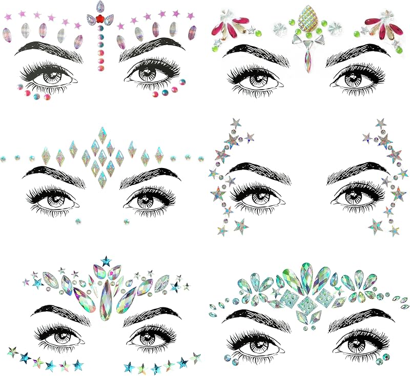 SHINEYES 6 Pcs Gemstone Face Stickers Rhinestone Temporary Tattoo Festival