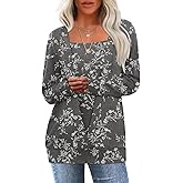Anydeer Women Tunic Tops Square Neck Tshirts Deep V Blouses Fall Long Sleeved Loose Fit With Leggings