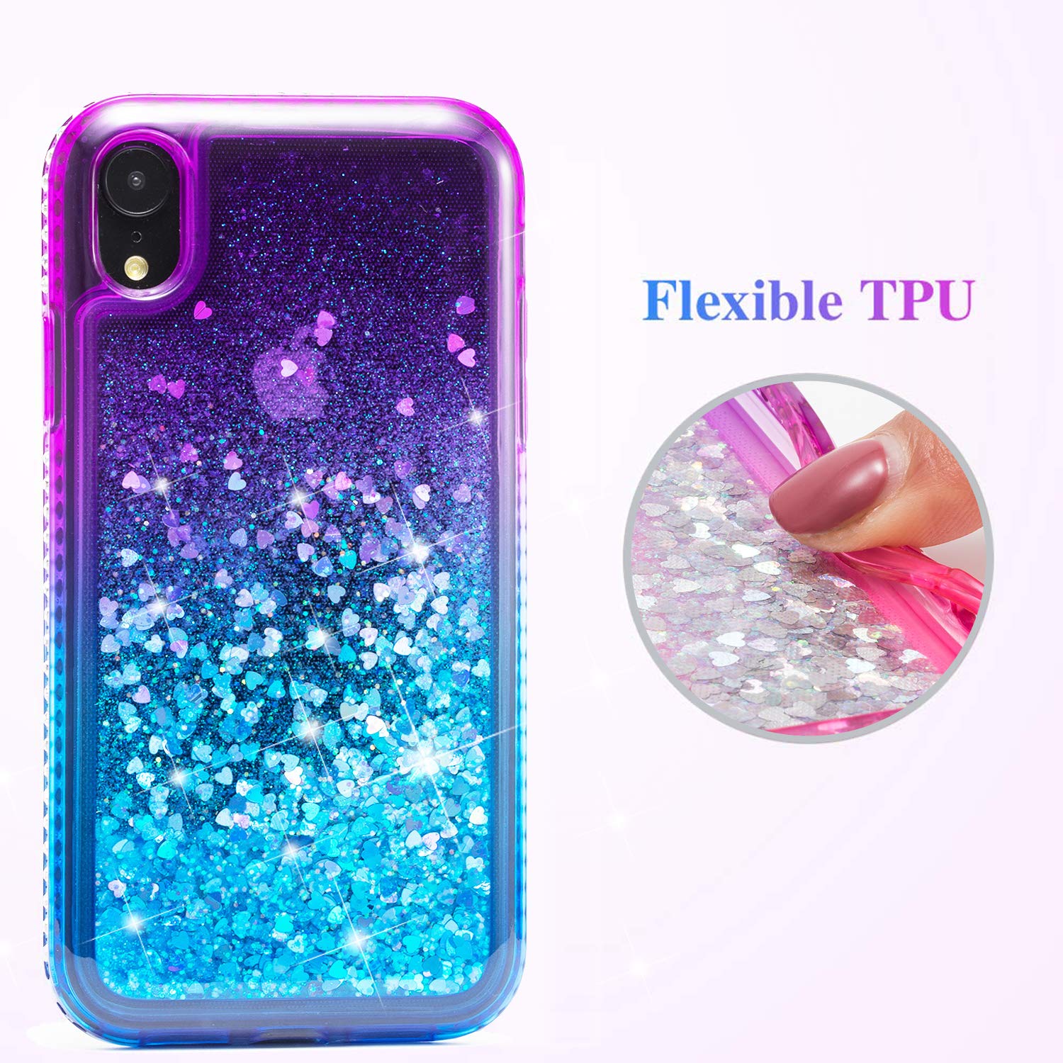 MILANMOOD iphone XR Case, Luxury Floating Glitter Case Sparkle Bling Quicksand Liquid Cover Clear TPU Bumper Cushion Reinforced Corners Girls Women Cute Case Compatible with iphone XR, Purple Blue