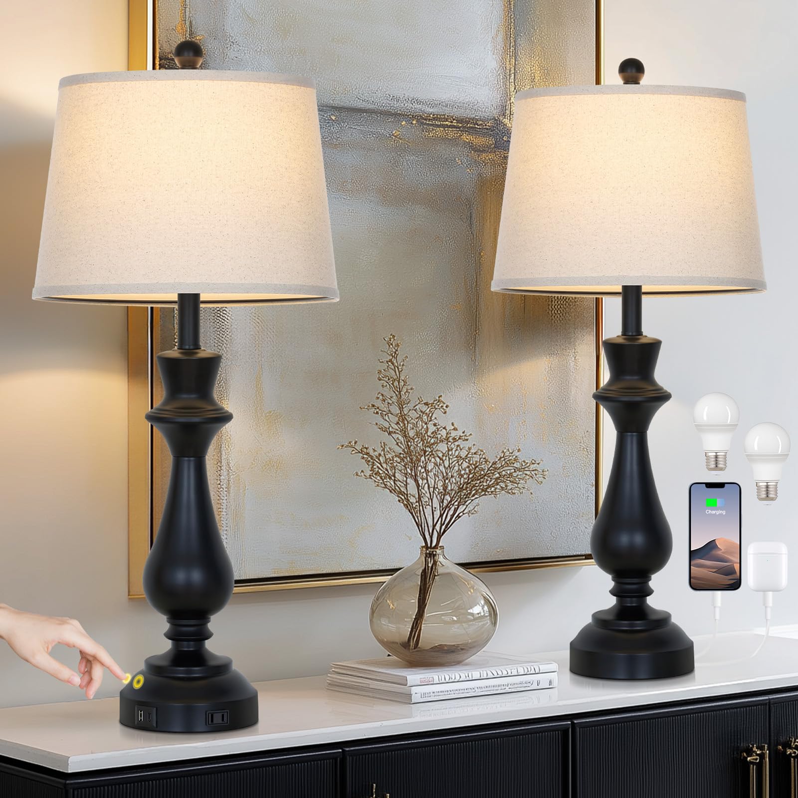 Photo 1 of luxeflow Modern Black Table Lamps Set of 2 for Living Room,30" Tall Bedside Lamp with USB Charging Port,3-Way Dimmable Touch Nightstand Lamp for Bedroom Desk Side Table Office,Black