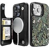 uCOLOR for iPhone 15 Pro 6.1" Wallet Case Magsafe with Card Holder Slot【Compatible with MagSafe】 Folio Flip PU Leather Double Magnetic RFID Design with Camera Lens Protector (Ferns)