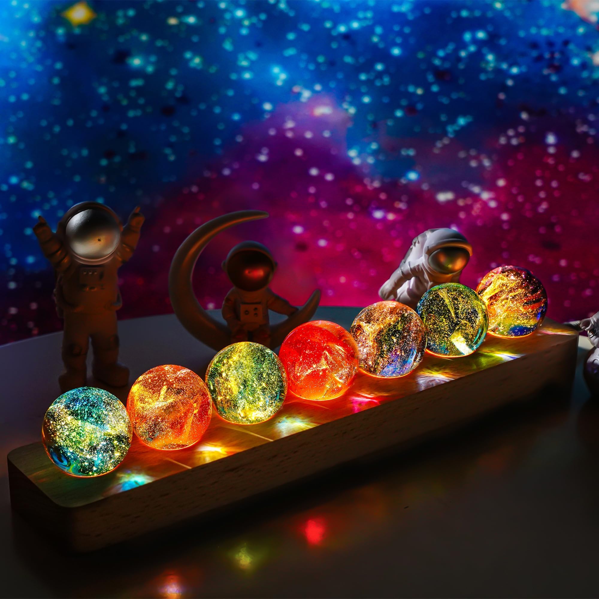 ZEERSHEE 7pcs Chakra Crystal Ball Set with LED Wooden Base Meditation Reiki Healing Crystal Ball Decoration for Home Use