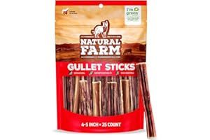 Natural Farm Gullet Sticks (4-5 Inch, 25 Pack), Grain-Free, Preservative-Free & Fully Digestible Beef Esophagus – Gentle Yet Effective Fun - Best for Light, Pups & Senior Chewers