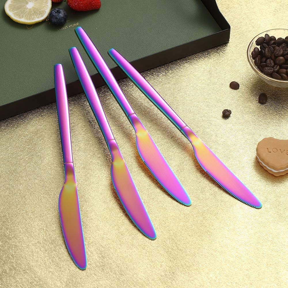  | Rainbow Dinner Knives 4 Pieces, Homquen Sturdy 9" Stainless Steel Modern Design Knife, Colorful Titanium Plating Knifes Set With Round Edge Dishwasher Safe: Flatware Sets