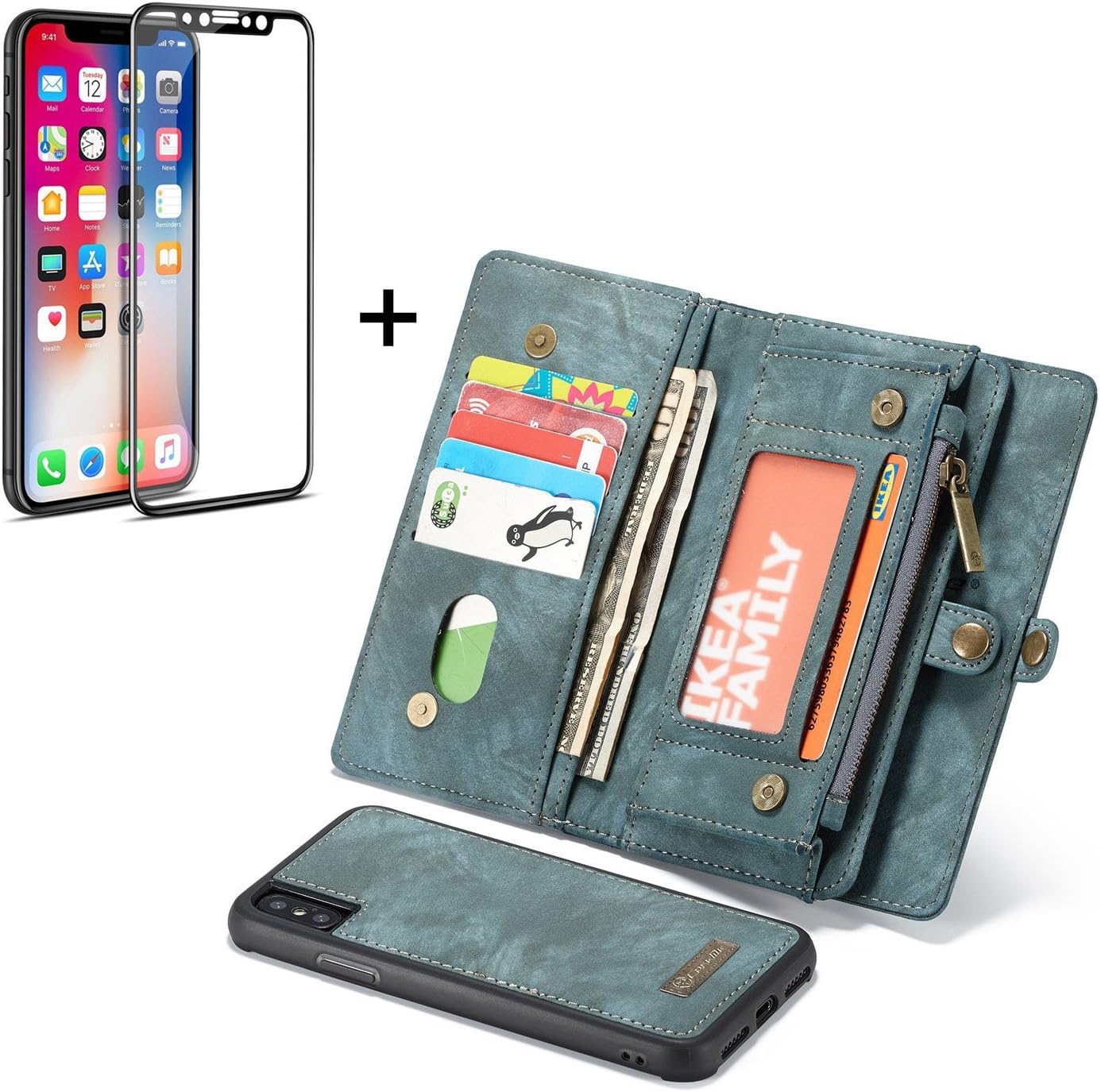 iPhone X Case Combo - Yamoo iPhone X Wallet Leather Case with Detachable Magnetic Hard Case, Card Holder (Blue), iPhone X 3D Full Coverage HD Clear 9H Tempered Glass Screen Protector