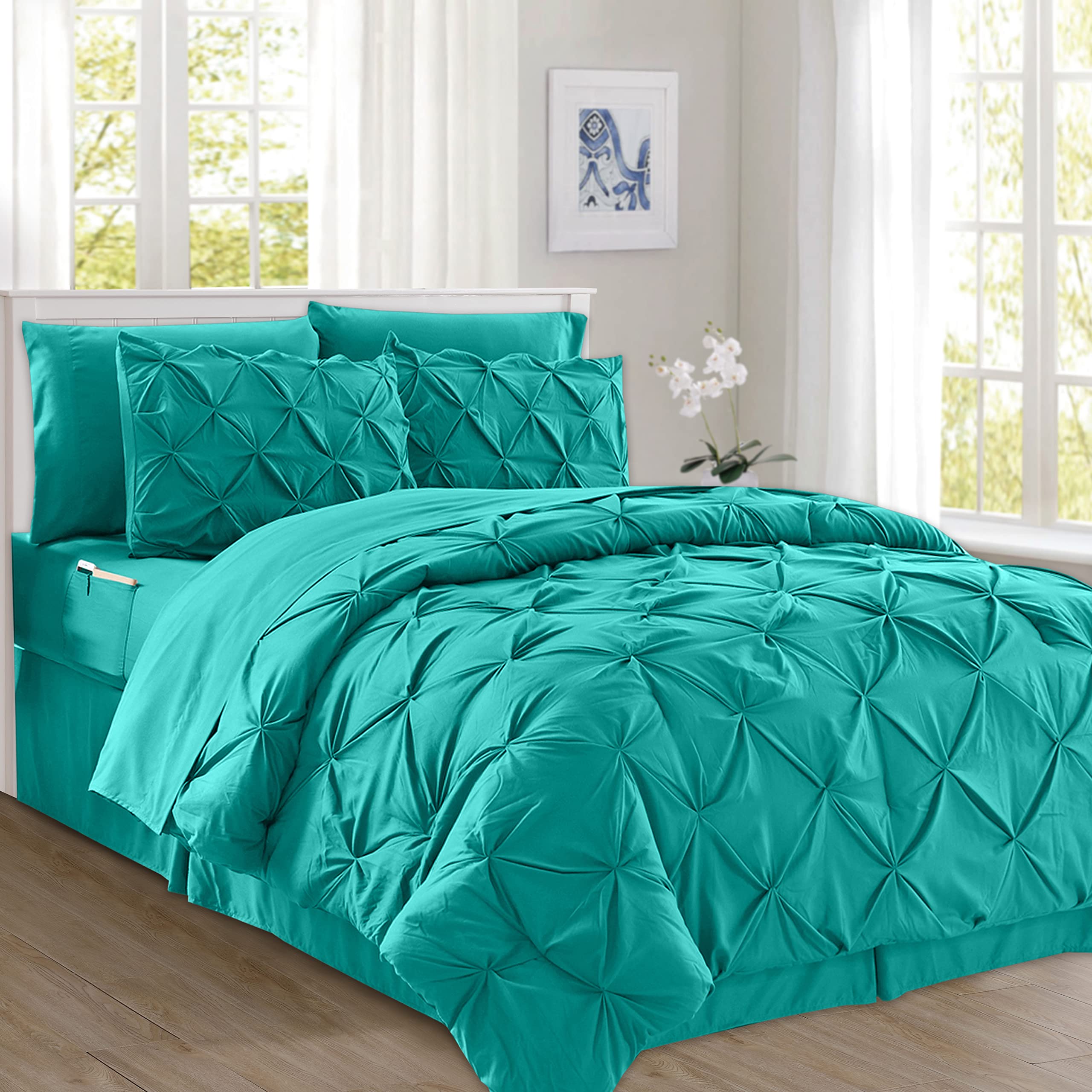 Elegant Comfort 8-Piece Pinch Pleated Comforter Set – All Season Complete Bed in a Bag, Includes 4pc Smart Sheet Set, Bed Skirt, Comforter, Matching Pillowcases and Shams, Full/Queen, Teal