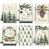 FuWeave 6 Pcs Winter Kitchen Towels Vintage Frost Dish Towels 21 x 14 Inch Decorative Hello Winter Bathroom Hand Towel Holiday Green Tea Towel for Kitchen Farmhouse Gifts