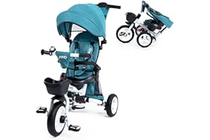 JMMD Baby Tricycle, 7-in-1 Folding Kids Trike with Adjustable Parent Handle, Safety Harness & Wheel Brakes, Removable Canopy, Storage, Stroller Bike Gift for Toddlers 18 Months - 5 Years, Green