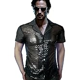 Mr.sequin Men Mesh Sequins See Through 70s Disco Short Sleeve Button Down Shirt
