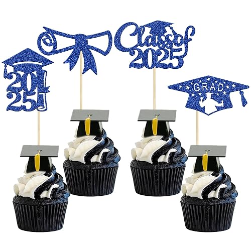 Gyufise 24Pcs 2025 Graduation Cupcake Toppers Deep Blue Glitter Class ...