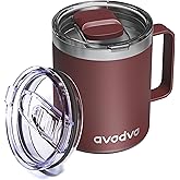 avodvo 12oz Insulated Coffee Mug with Lid – Includes Two Lids, Stainless Steel Coffee Travel Mug with Handle, Double Wall Vacuum Insulated Camping Mug for Home, Office & Outdoor, Red