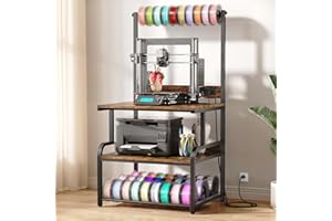 Homieasy Printer Stand with Charging Station, 29.1" x 22.8" Large 3D Printer Table with Filament Storage, Heavy Duty Rolling Printer Cart with 4-Tier Storage for Workshop/Office/Garage, Rustic Brown
